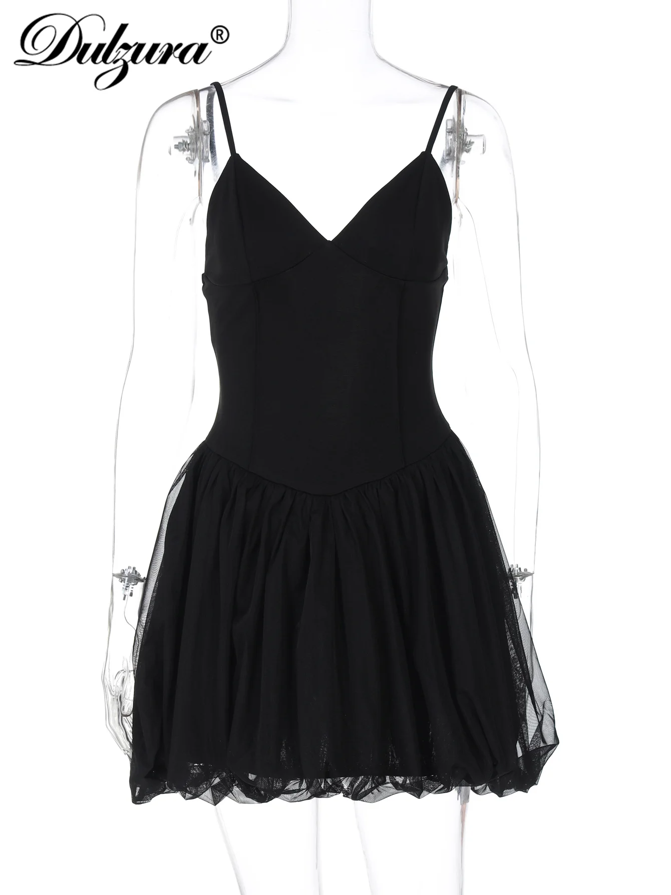 Dulzura verão sólido sexy elegante com decote em v sem mangas sem costas magro preto cisne malha vestido de princesa festa à noite clube roupas de baile