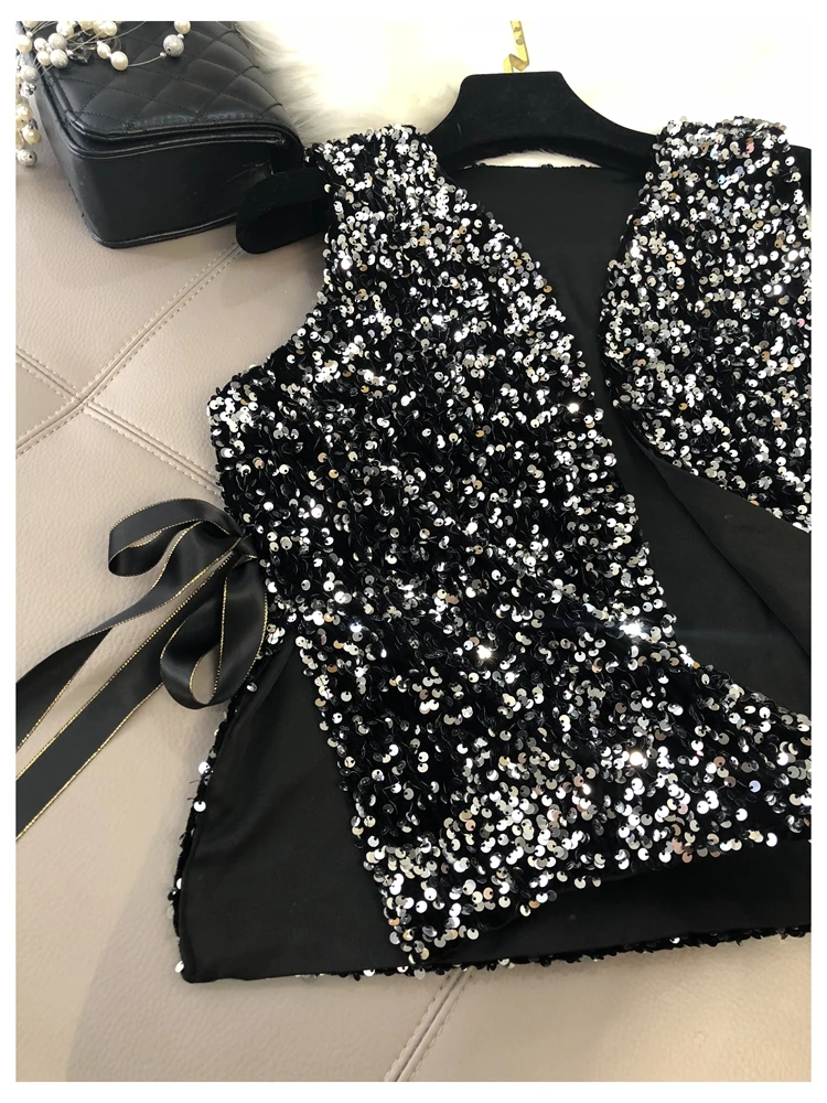 Fashion Women\'s New Heavy Industry Sparkling Sequin Vest Loose Lace Short One Hundred Matching Shirts Small Cardigan Tops