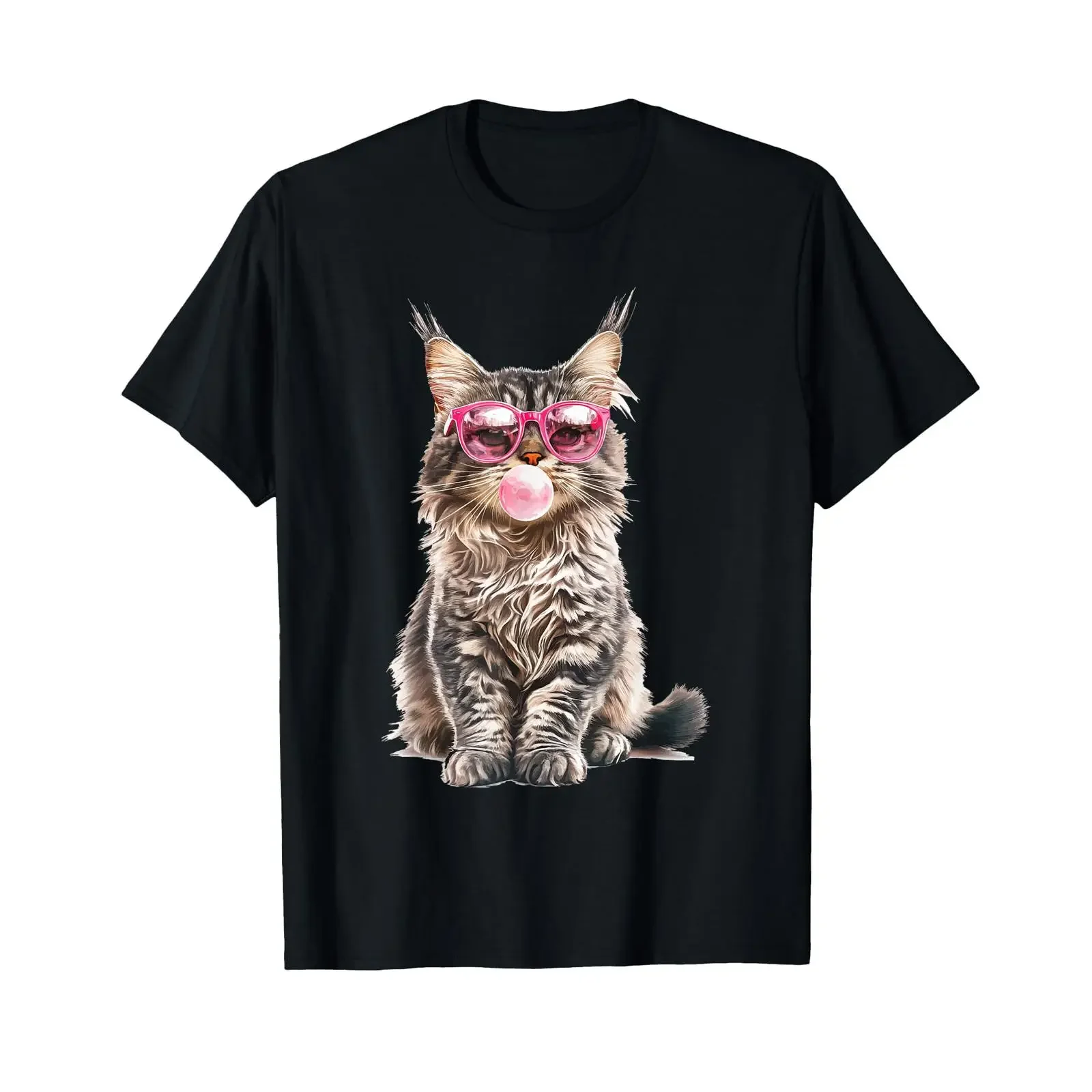 Camiseta Maine Coon Cat Chewing Gum negra S vintage lavada transpirable elástica de diseñador informal para hombre a la moda ligeramente ajustada