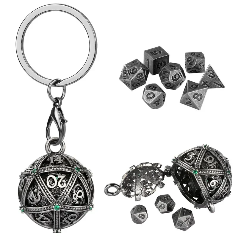 Picture 6: Antique Round D20 Case Pendant Key Ring 7pcs Mini Polyhedral Dice Set Role Play Gaming Dices Storage Case Necklace Chain Gift