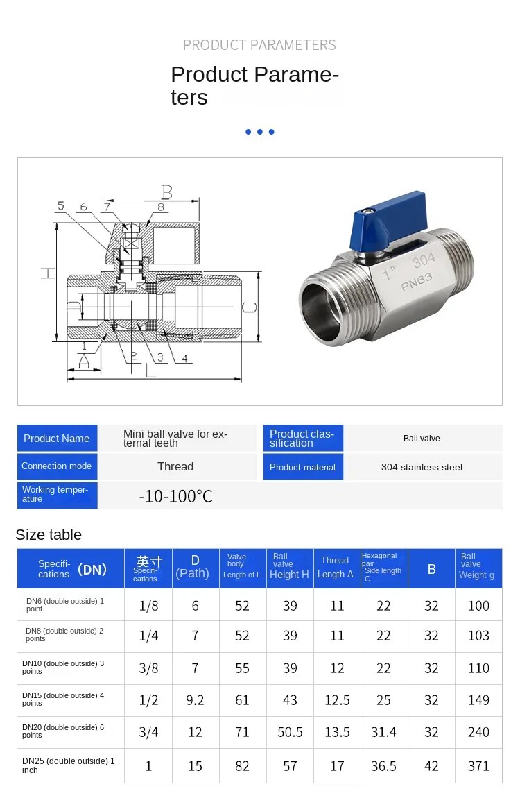 Detalle 3 de Electroválvula 304 Stainless Steel Mini Ball Valve - Flow, Water, Oil, Gas Regulation and Control Switch Gas y combustible