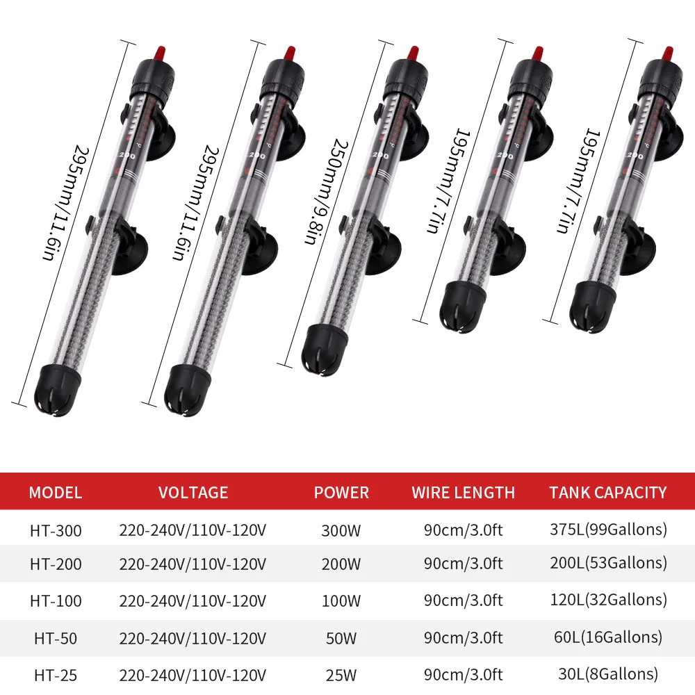 Submersible Aquarium Fish Tank Heating Rod  Automatic Adjustable Temperature Thermostat Water Heater Rod 25W/50W/100W/200W/300W