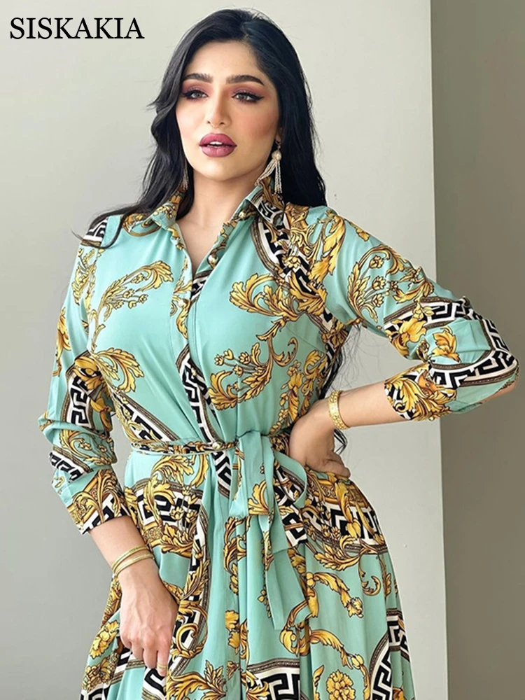 Ethnic Print Maxi Dresses for Women Single-breasted Lapel Shirt Dress Dubai Turkey Arabic Oman Middle East Clothing 2021 New