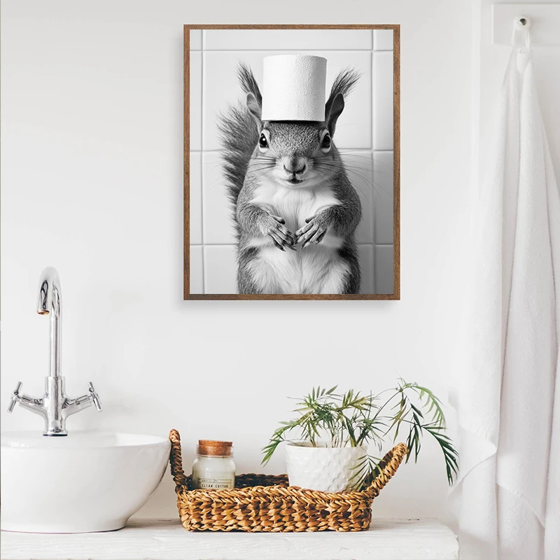 Black and White Cute Animal and Toilet Paper Poster cat hedgehog sloth Canvas Painting Wall Art Bathroom Living Room Home Decor