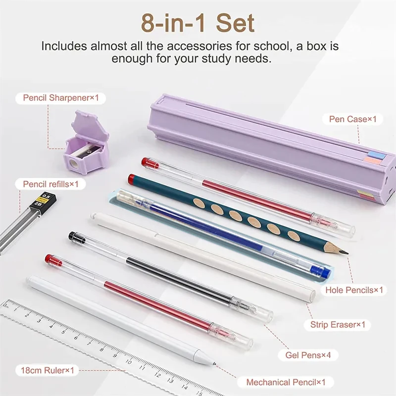 Portable Pencil Case Set Multifunction Unique Push Slider Pencil Holder Pencil Box with Pencils Gel Pens Sharpener Eraser Ruler