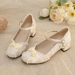 Chinese Style Mary Jane Shoes Women Round Toe Vintage luxury Pearl High Heels Summer Floral Embroidered Lolita Woman Shoes Pumps