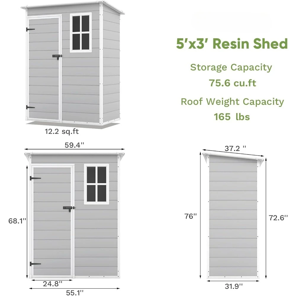 Cobertizo de almacenamiento de resina con ventanas y puertas bloqueables, sala de almacenamiento exterior, gris y blanco, 5x3 pies