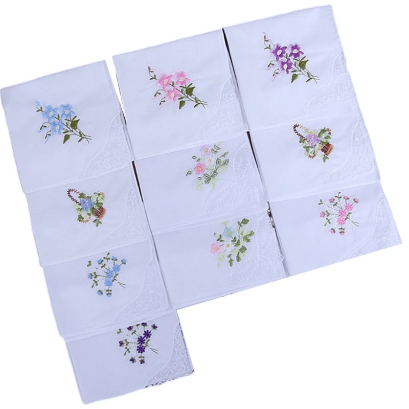10lots White Tháng thêu chiếc khăn tay Handkerchief Light Trọng lượng tái sử dụng Handkerchief Y166