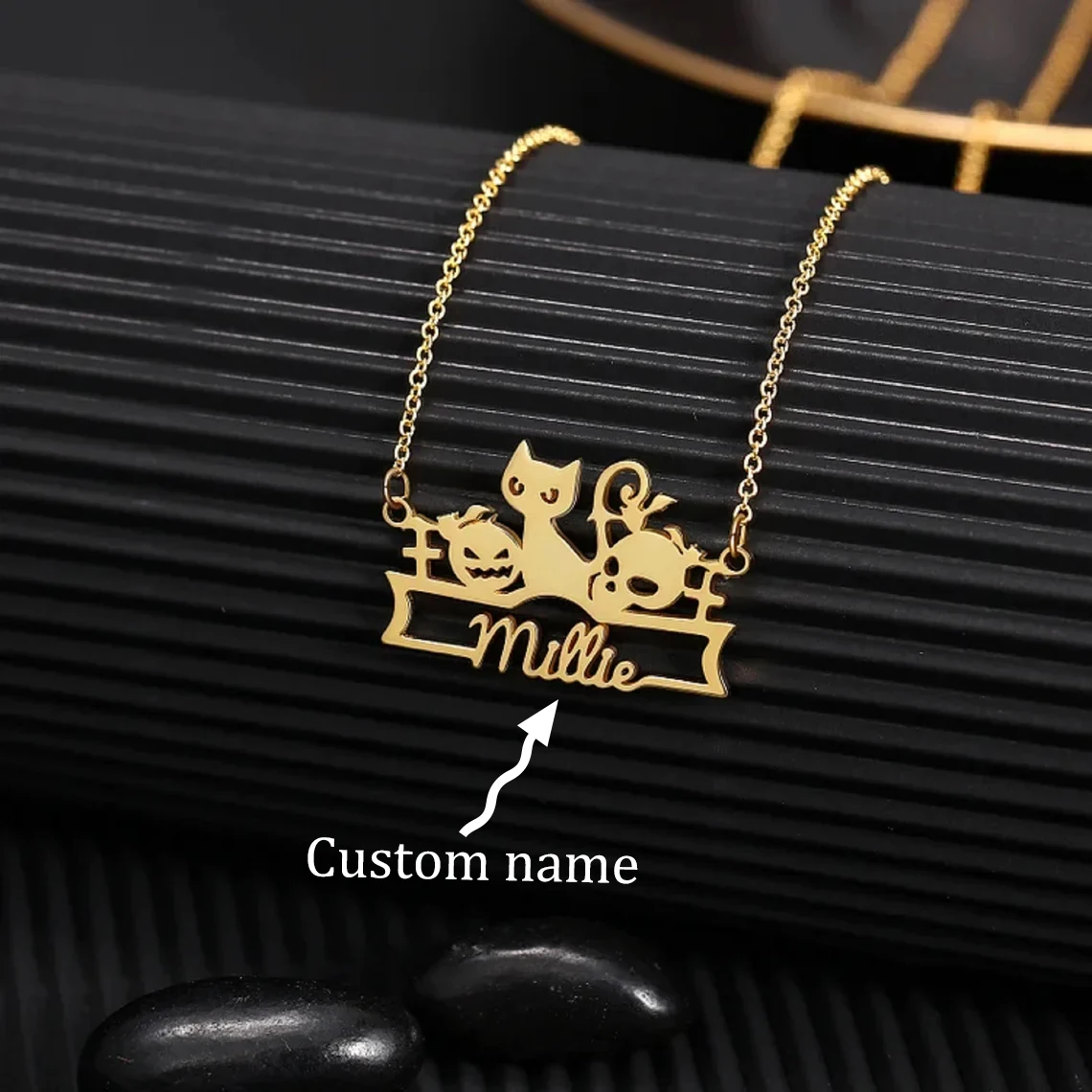 

Personalized Custom Name Necklace for Women Kid Stainless Steel Customized Cute Cat Pendant Necklace Kid Halloween Jewelry Gift