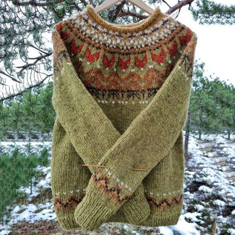 Retro żakardowy nadruk dzianina sweter damski jesień elegancki O Neck dzianinowy top sweter zimowa z długim rękawem ciepła odzież damska