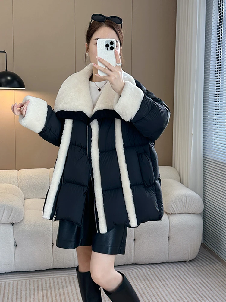 2024 New Winter Women Warm Goose Down Jacket Natural Sheep Real Fur Collar Coat Luxury Thick Outwear Female Coat