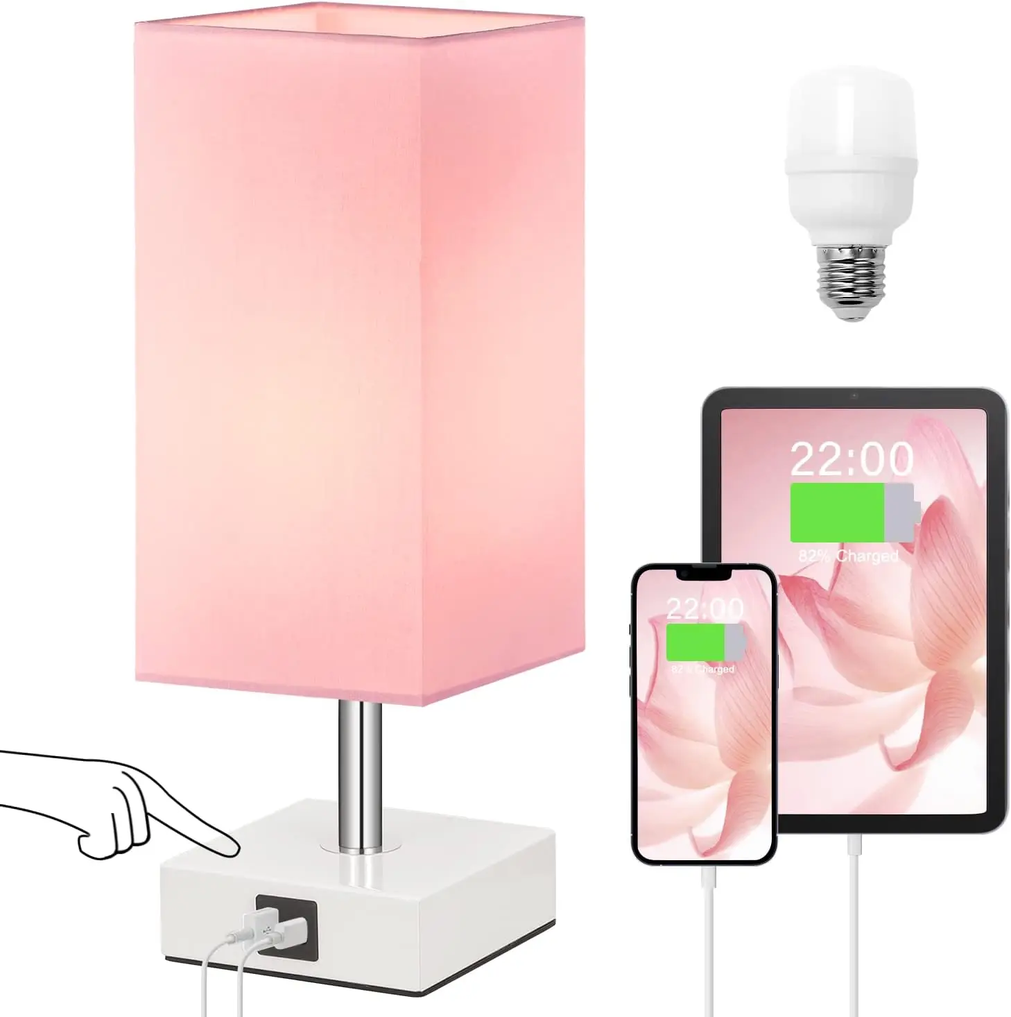 

3-Way Touch Control Table Lamp with USB A+C Charging, Pink Shade, LED Bulb Included