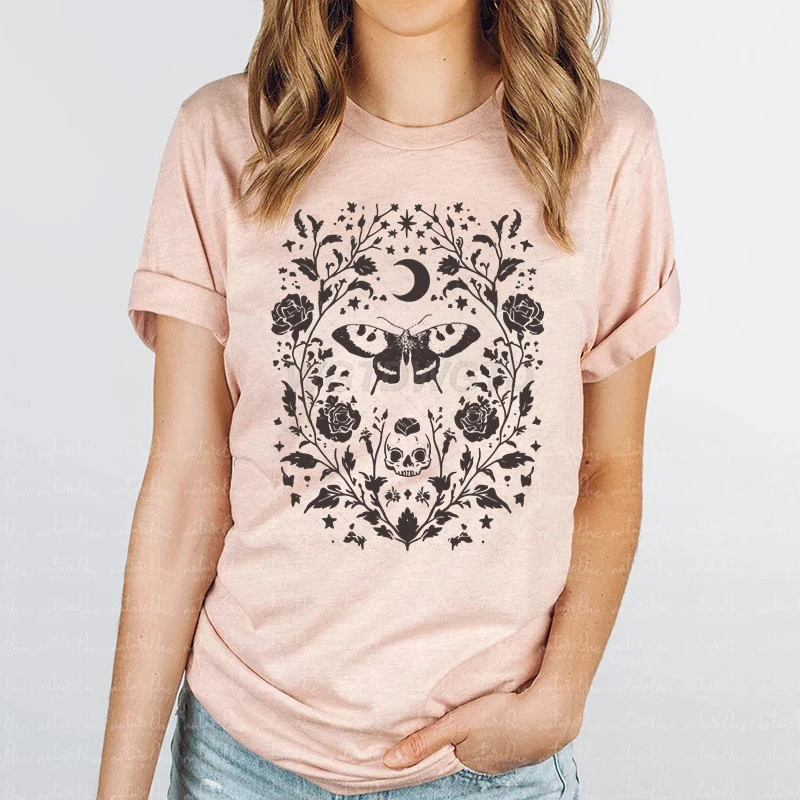 

Floral Skull Creepy Cute Tshirt Botanical Moth Top Garden Comfort Colors Tee Shirt Women Casual Short Sleeve Vintage T Shirts