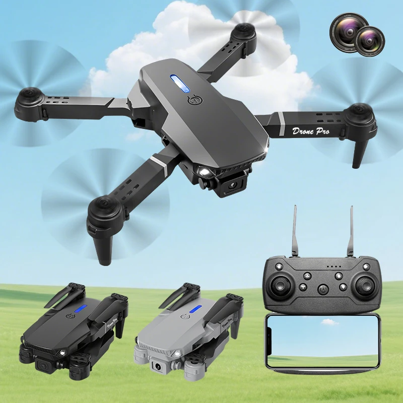 FACEGLE upgraded E88 dual camera drone, dual cameras, fixed altitude hover, smoother flight, one click stunt roll, headless mode, LED lights, protective frame, one click control, suitable for beginners, foldable quadcopter, birthday/holiday gift