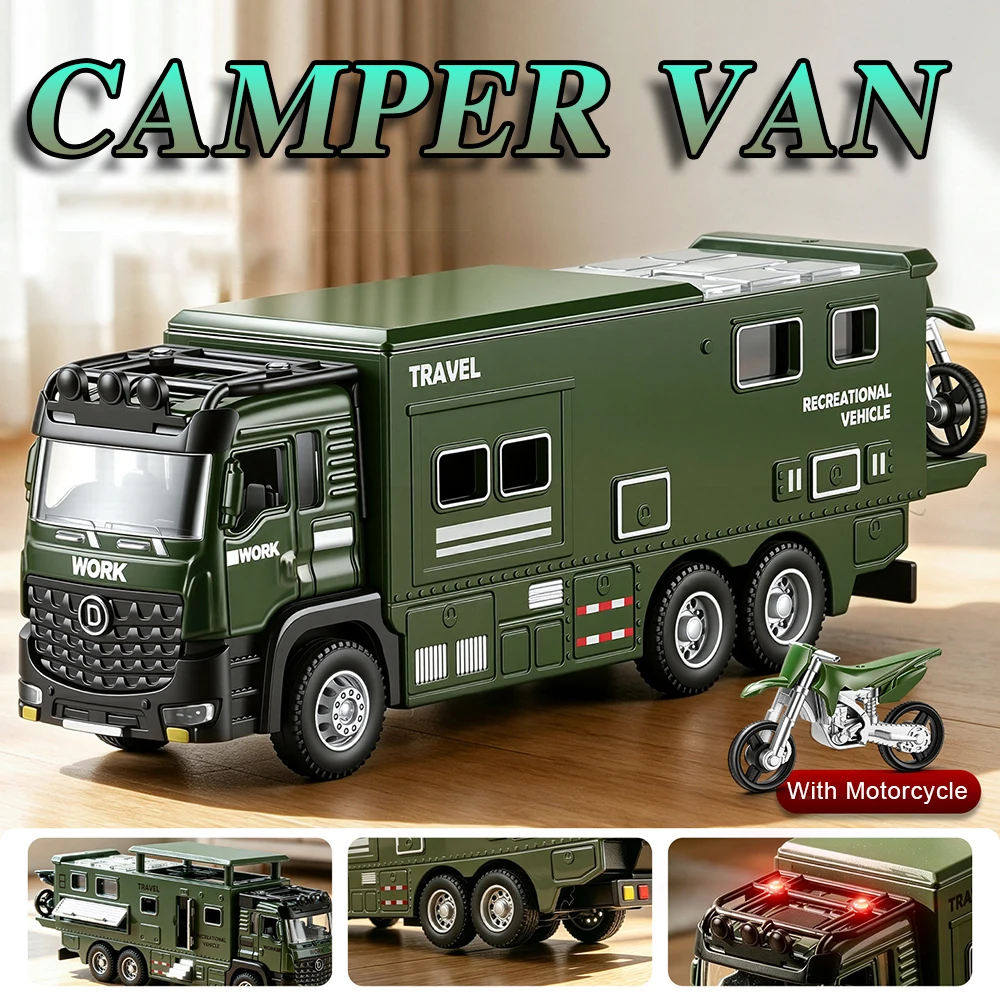 1:43 Car Toy Models Large Truck Camping RV Metal Diecast Alloy Off-road Car Pull Back Sound Light Rubber Tires Interactive Toys