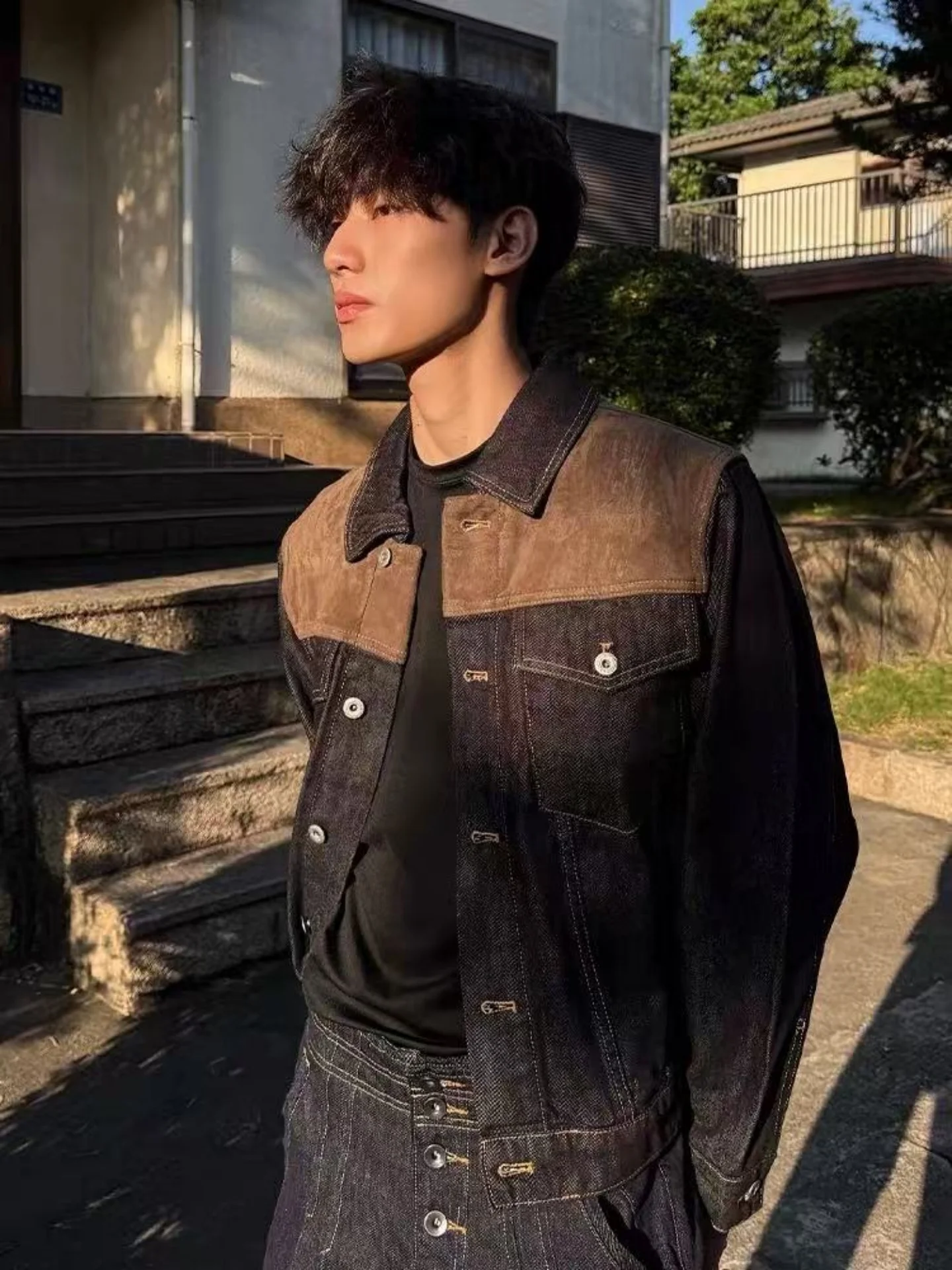 Loose Men's Denim Jacket Autumn Season Color Block Vintage Streetwear Durable Workwear Top Youth Fashion Classic Collar