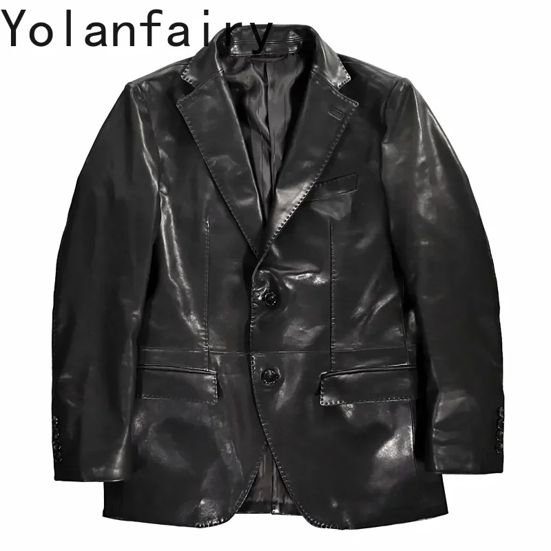 YOLANFAIRY Genuine Leather Jacket Men Slim Water Dyed Vegetable Tanned Sheepskin Coat Man Casual Leather Suit Men Leather Jacket