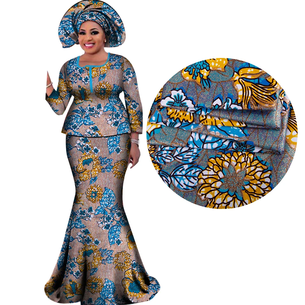 Gild Women African Outfits with Headscarf Bazin Riche African Print Blouse and Long Skirts Bronzing Women Suits Clothes WY3109