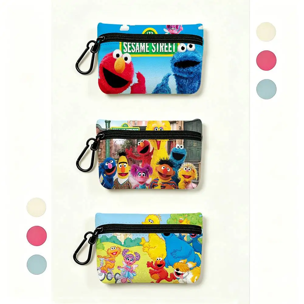 S-Sesame S-Street TV Cute Cartoon Portable Mini Oxford Cloth Coin Purse With Carabiner Hook Zipper Key Card Earphone Storage