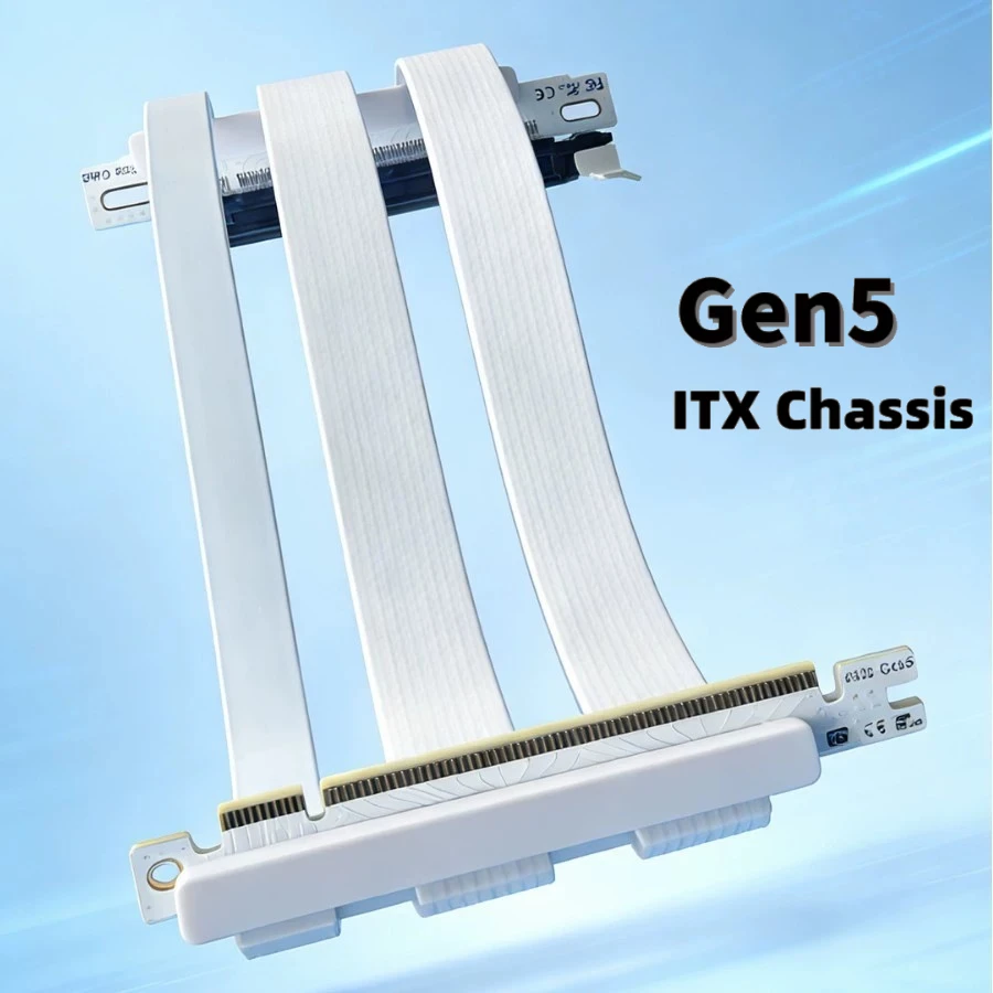 White Double Reverse PCIE 5.0 16X Riser Cable for Mini-ITX Motherboard Silver-Plated PCI Express 5.0 Gen5 Dual Reverse Transfer