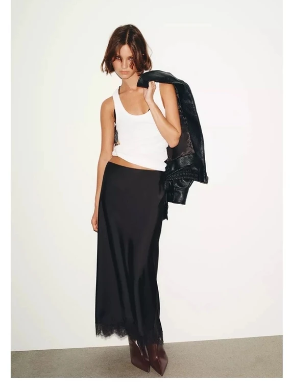 Nieuwe Collectie Herfst 2025, Dames Kanten Rand Zijde Satijn Textuur Midi Rok Hoge Taille A-lijn Slim Fit Pendelen Sle Vrijetijdskleding