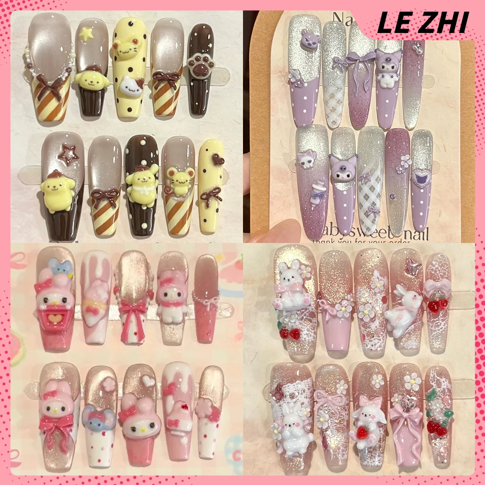 

Kawaii Sanrio Hello Kitty Pom Pom Purin Handmade Nail Party Sticker Cartoon Cute My Melody Kuromi Rabbit Dog Bow Press On Nails