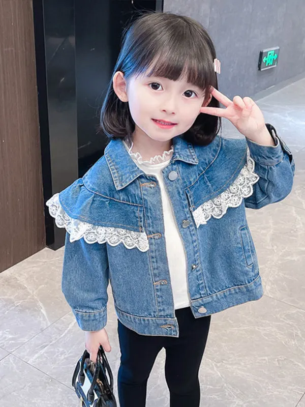 

Модная джинсовая куртка с рюшами для девочек, модная осенняя одежда для малышей, Sli Commute Sle, верхняя одежда с вышивкой