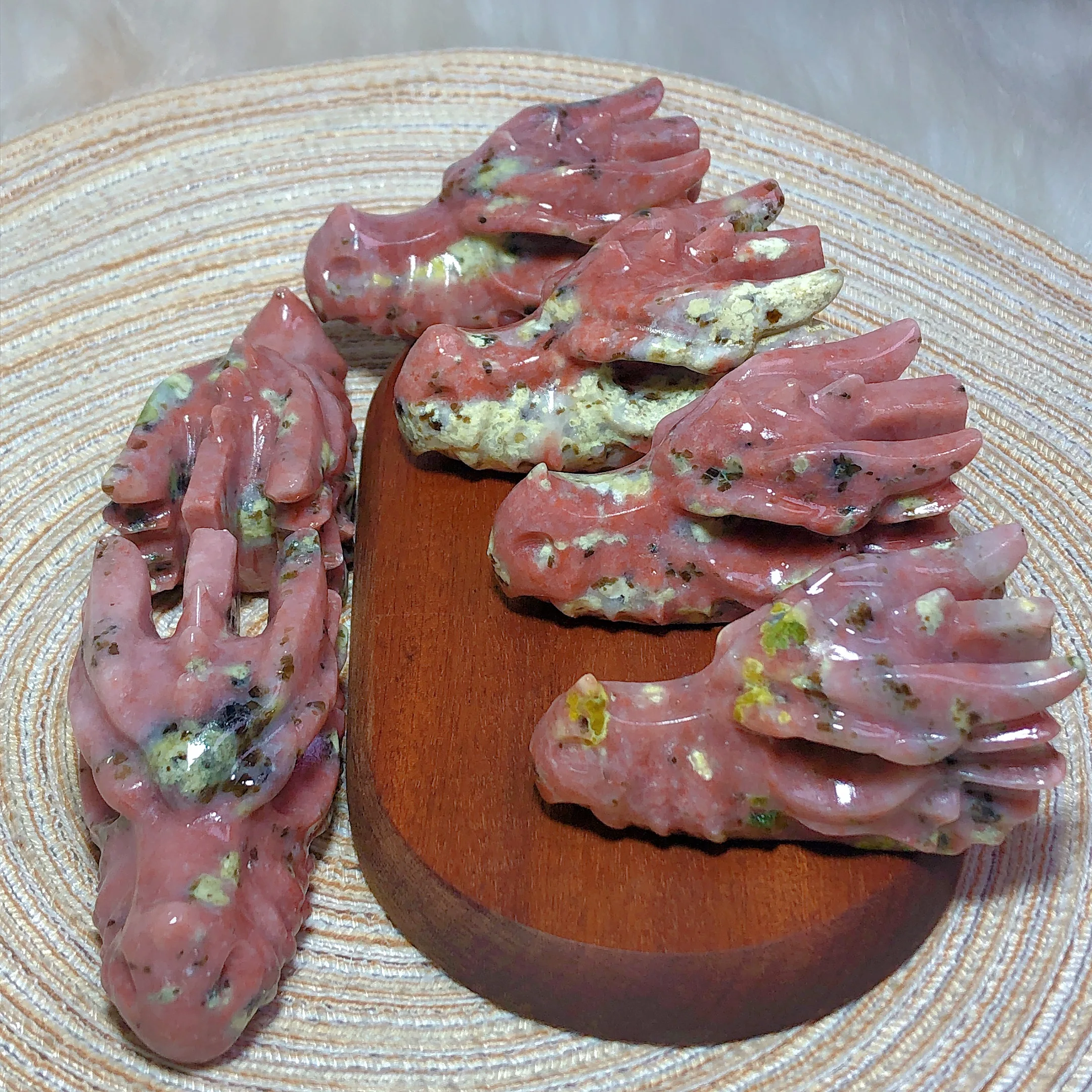 Healing High Quality Natural Pink with Green Moonstone Dragon Head Carved Crystals Home Decorations Room Decor Gift Gemstones