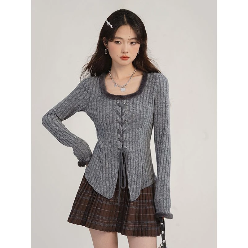 Tied Straps Slimming Knitted Sweater Women Autumn Winter Vintage Pure Korean Fashion Y2k Elegant Stylish Top 2024 New