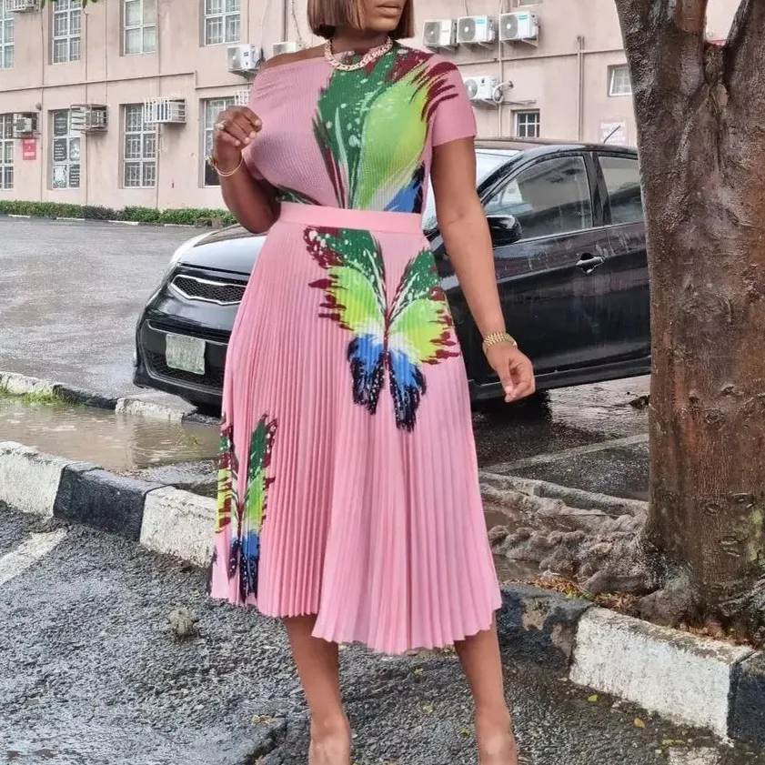 Large Size Women's Clothing Summer Fashion Temperament Printed Short-sleeved Top Pleated Pendulum Skirt African Suit