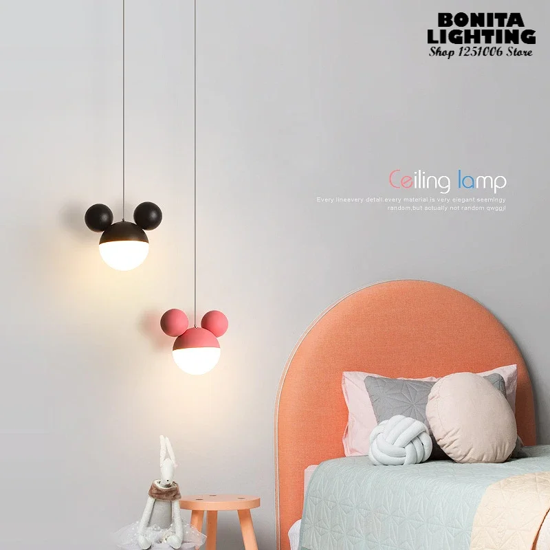 Creative Children's Room Bedside Entry Cartoon Mouse Head Small Droplight Modern Ins Macaron Round Ball Small Pendant Lamp