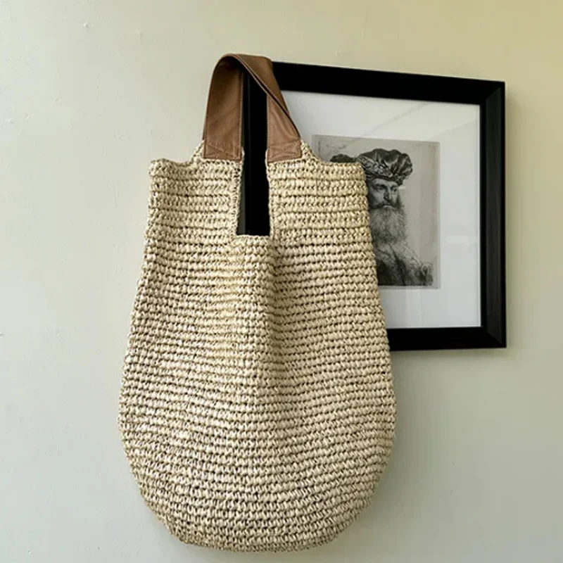 Summer Beach Vintage Handmade Woven Shoulder Bag Raffia Rattan Shopping Bags Bohemian Ladies Summer Travel Vacation Casual Tote