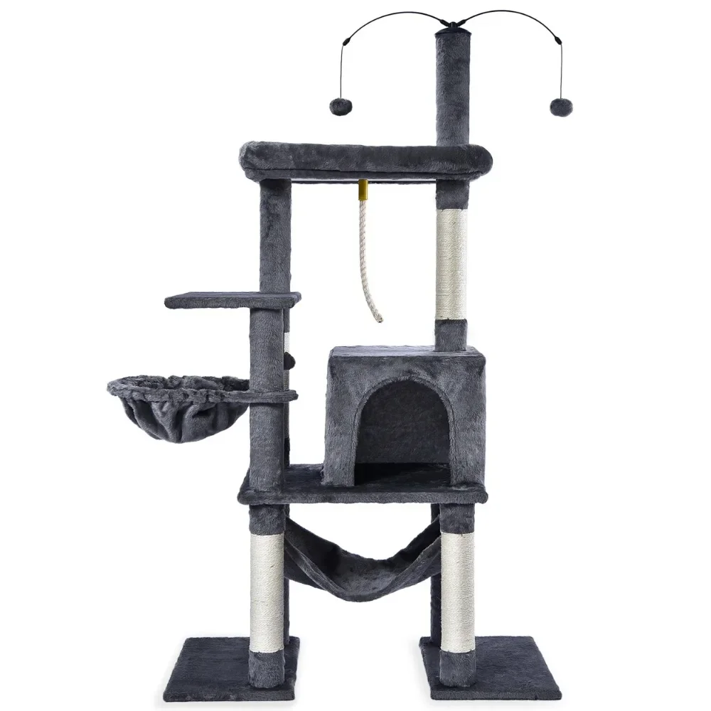 

58.5" Multi-Level Cat Tree Tower with Interactive Hanging Ball and Double Base, Gray
