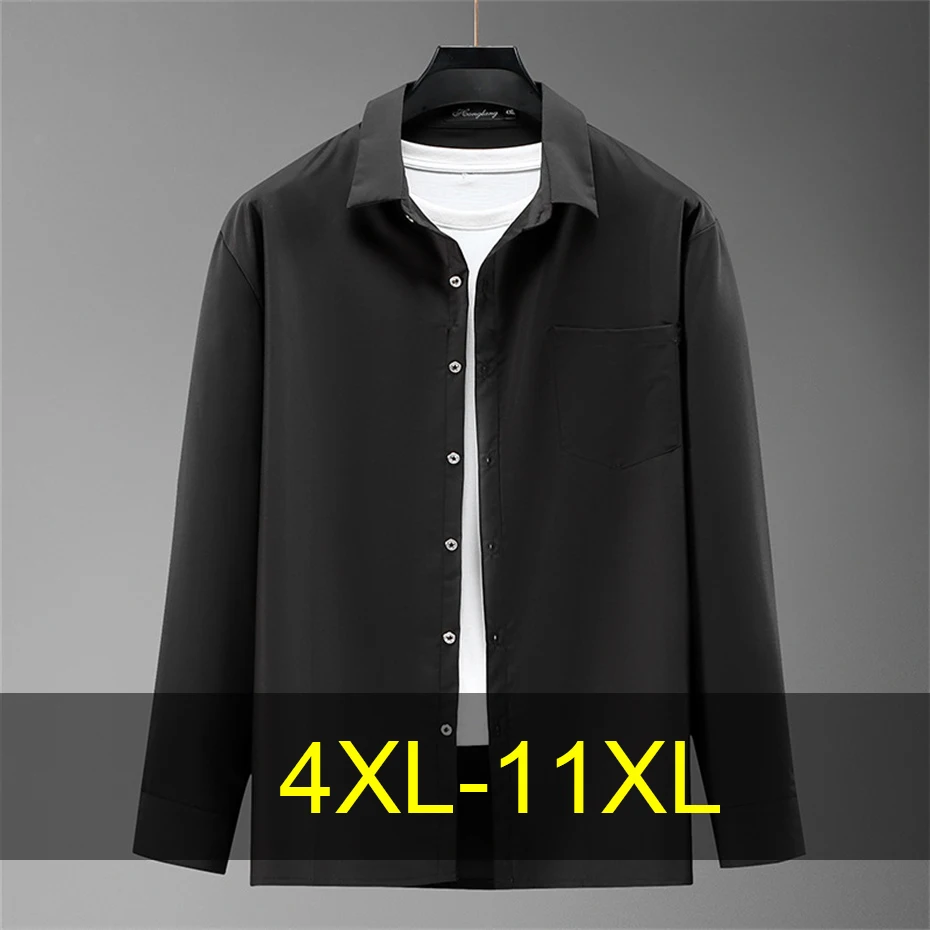 

11XL Plus Size Shirts Men Spring Autumn Long Sleeve Shirt Fashion Casual Solid Color Black White Shirt Male Big Size 11XL