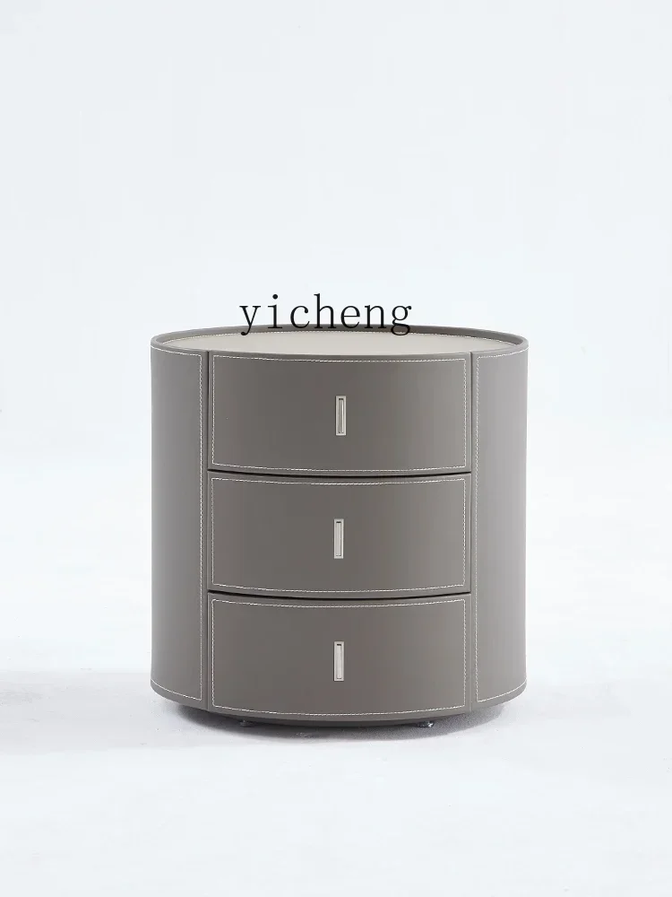 gz- Simple round Bedside Table Bedroom Saddle Leather Three-Bucket Cabinet Modern Storage Organizer Sofa Side Cabinet