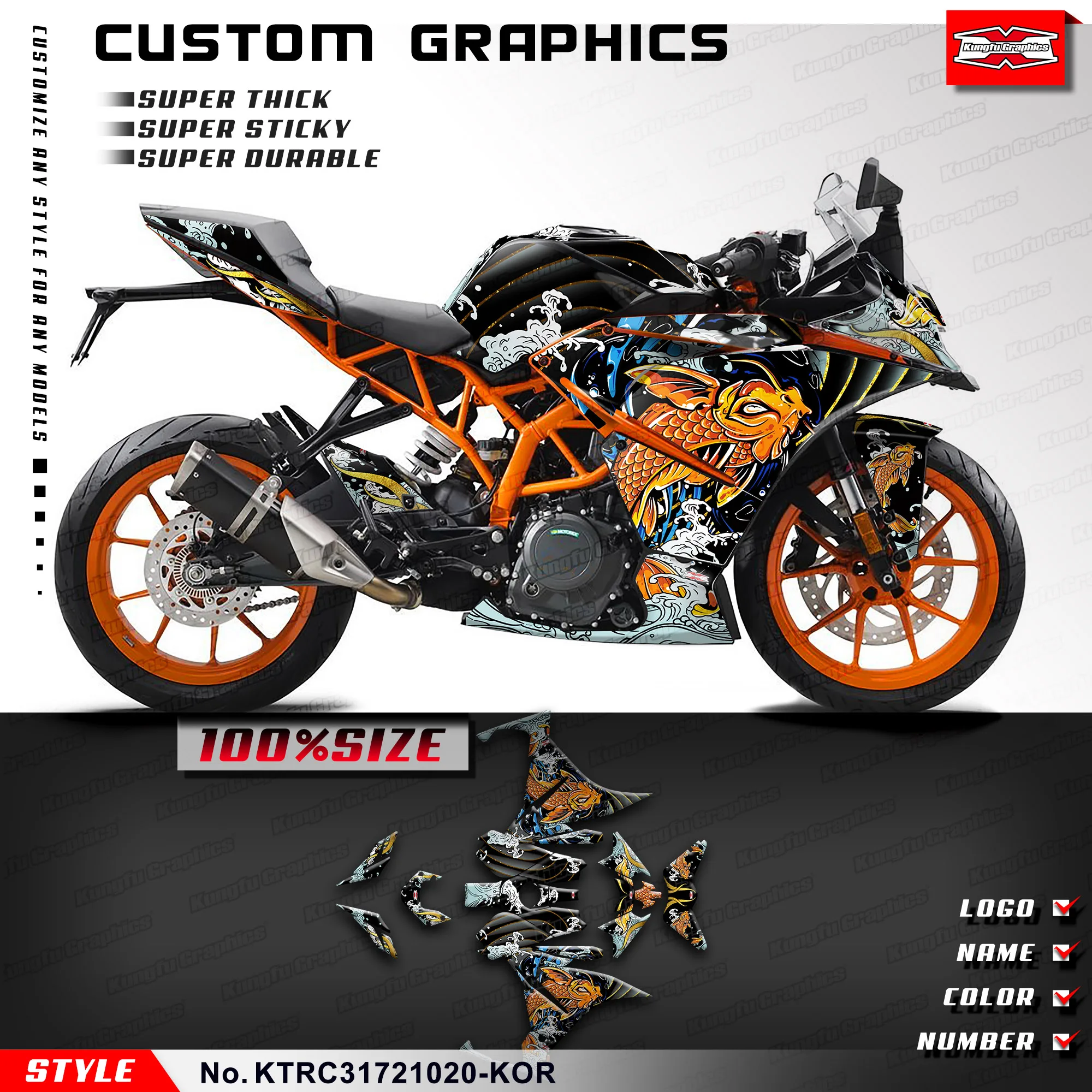 KUNGFU GRAPHICS Racing Graphics Sticker Sheet for KTM RC 125 200 250 390 14 15 16 17 18 2019 2020 2021, KTRC31721020-KOR