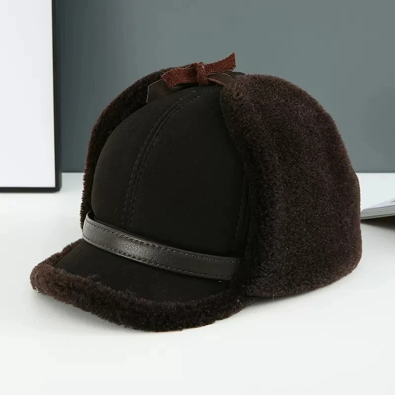 Real Fur Wool Hat Unisex New Winter Warm Bomber Russian Ushanka Hats With Ear Flaps Cow Leather Thick Snow Earflaps Baseball Cap