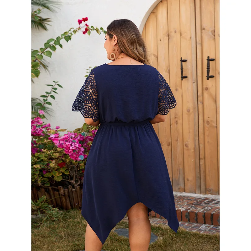 Plus Size Dress Summer V-neck Navy Blue Solid High Waist Dress for Women Hollow Sleeve Oversized Clothing Knee Length