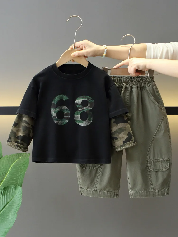 Children Camouflage Patchwork Two fake items Sweatshirts Pants 2Pcs/Set Spring Autumn Boys Girls Fashion Suit 2-11Y Kids Outfits