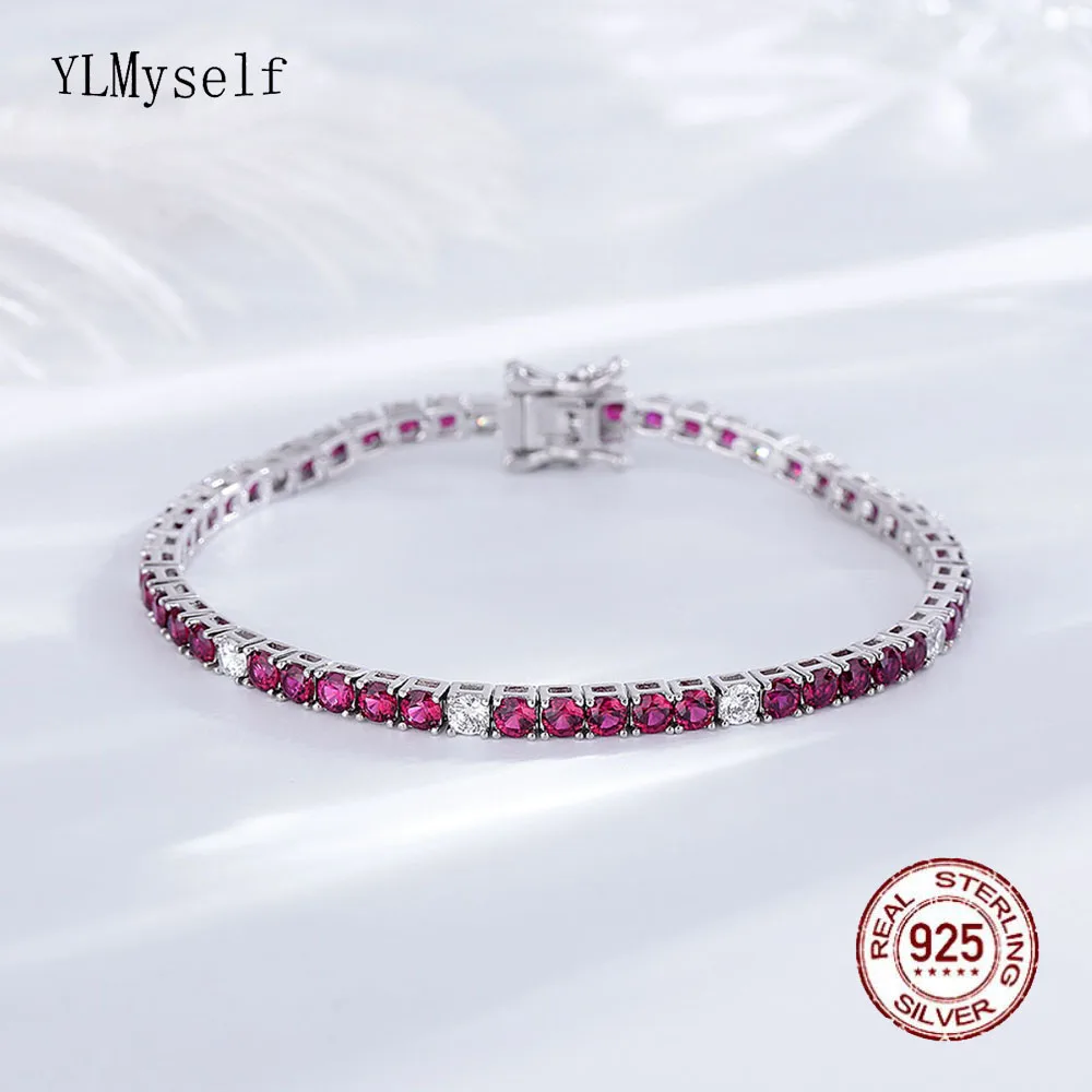 

Fine Jewelry 3MM Ruby Red Mix White Cubic Zircon 16/17/18CM Chain For Women Solid Real 925 Silver Tennis Bracelet