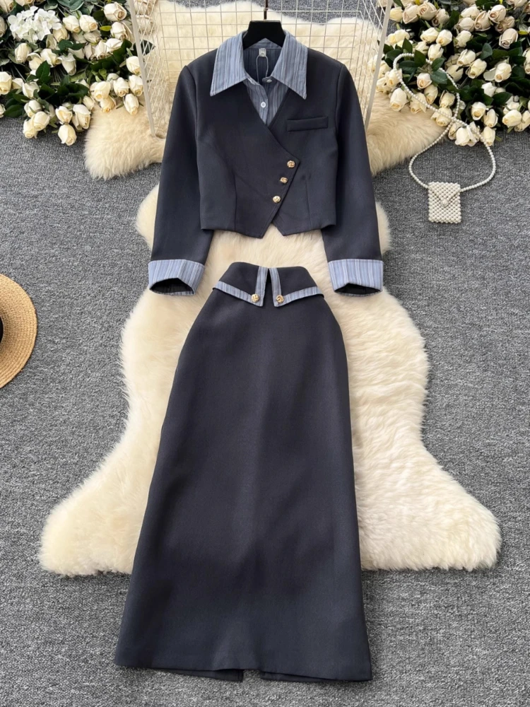 

Fashion Elegant Matching Sets Fake Two Piece Patchwork Long Sleeve Short Blazer+high Waist Skirts Female Slim Women's Clothing