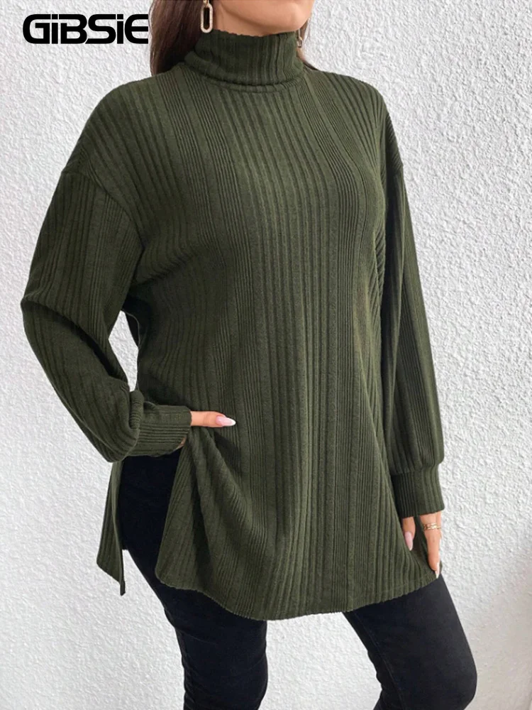 GIBSIE Plus Size Turtleneck Long Sleeve T Shirt Women 2024 Winter New Fashion Side Split Rib-knit Casual Black Long Tees Tops