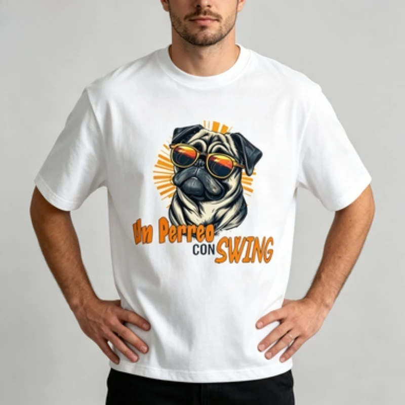 Men  Short Sleeve T‑Shirt Stylish Pug Dog Sunglasses Graphic Un Perreo Con Swing Letter Print Cotton Casual Streetwear Tees