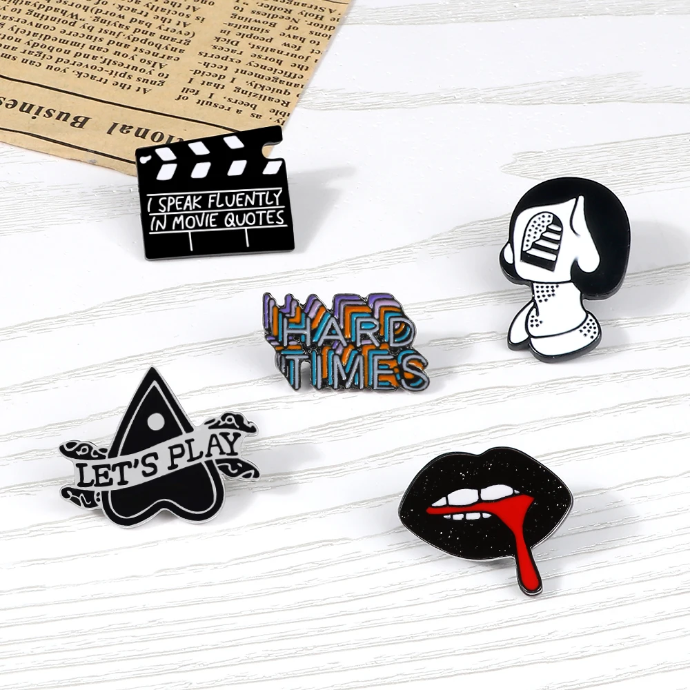 Punk Dark Black Brooch Faceless Girl Lips Magic Heart Movie Board Pins Letter HARD TIMES Enamel Badge Bag Pin Charm Jewelry Gift