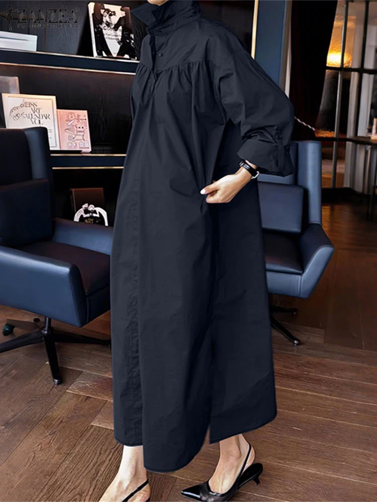 فستان قميص موضة الخريف من ZANZEA للنساء 2025 برقبة على شكل طية صدر وأكمام طويلة فستان صيفي ماكسي طويل رداء غير رسمي متين OL فساتين عمل فيستدو