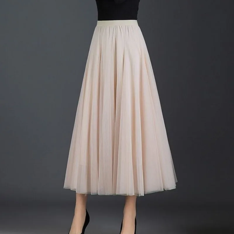 Spring Autumn Summer Holiday Beach Women Long Midi Skirt Fashion Ladies Elastic High Waist Tulle Mesh Pleated Tutu Skirt