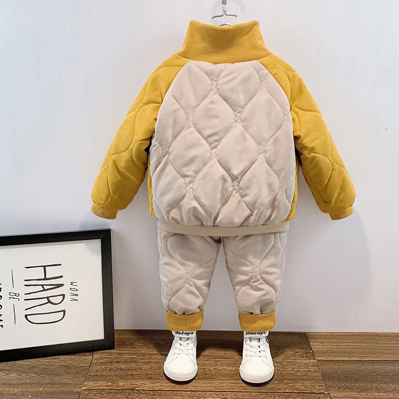 Baby  jacket set girls' outdoor wear boys' cotton-padded jacket with fleece jacket children's warm clothes two-piece set