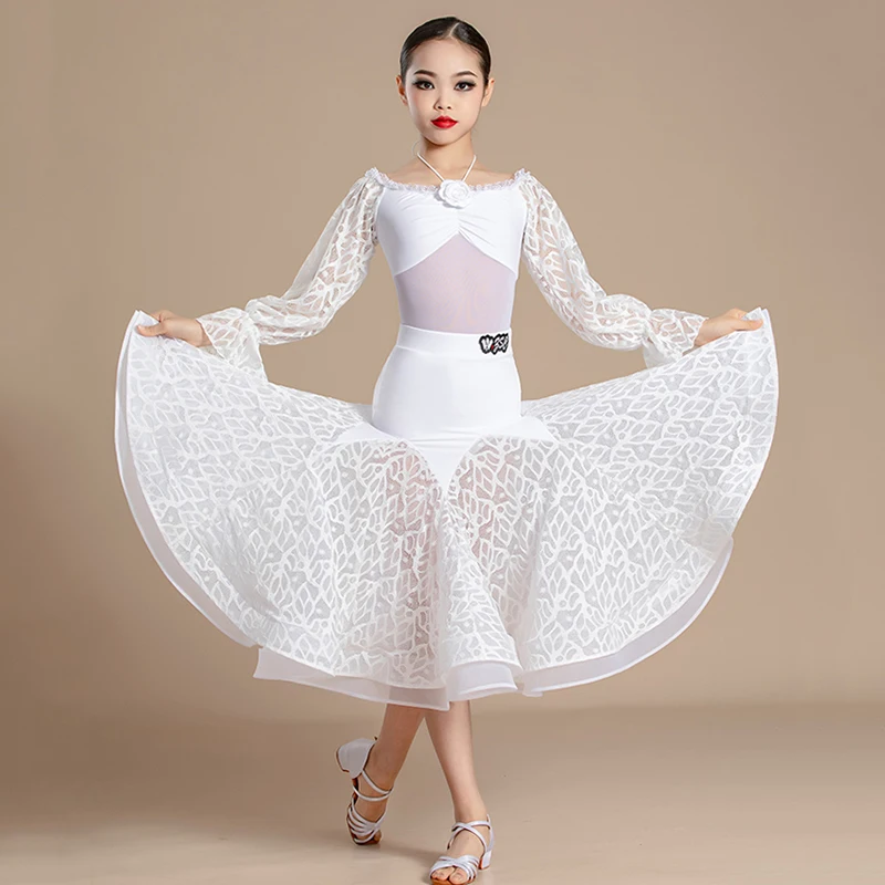 

Kids Girl White Princess Backless Bodysuit Ballroom Dancing Dress Modern Dancewear Waltz Social Dance Large Skirt Dance Costumes