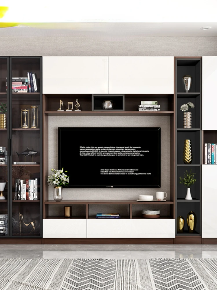 Living Room Multi-Functional TV Cabinet Background Wall Integrated Lockers with Glass Door D1