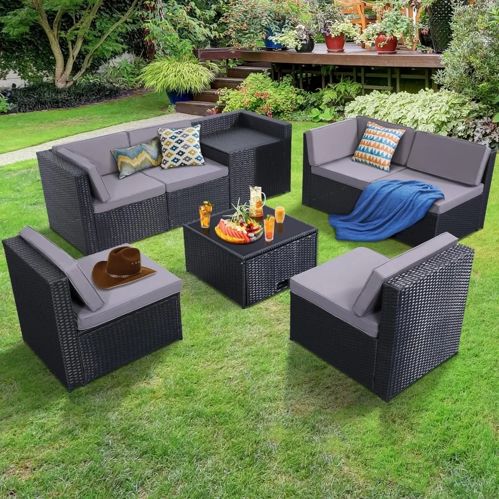 8-piece outdoor wicker dew sofa combination set, with storage space and glass tabletop, flower yuan furniture ‎30.3 x 30.3 x17.3